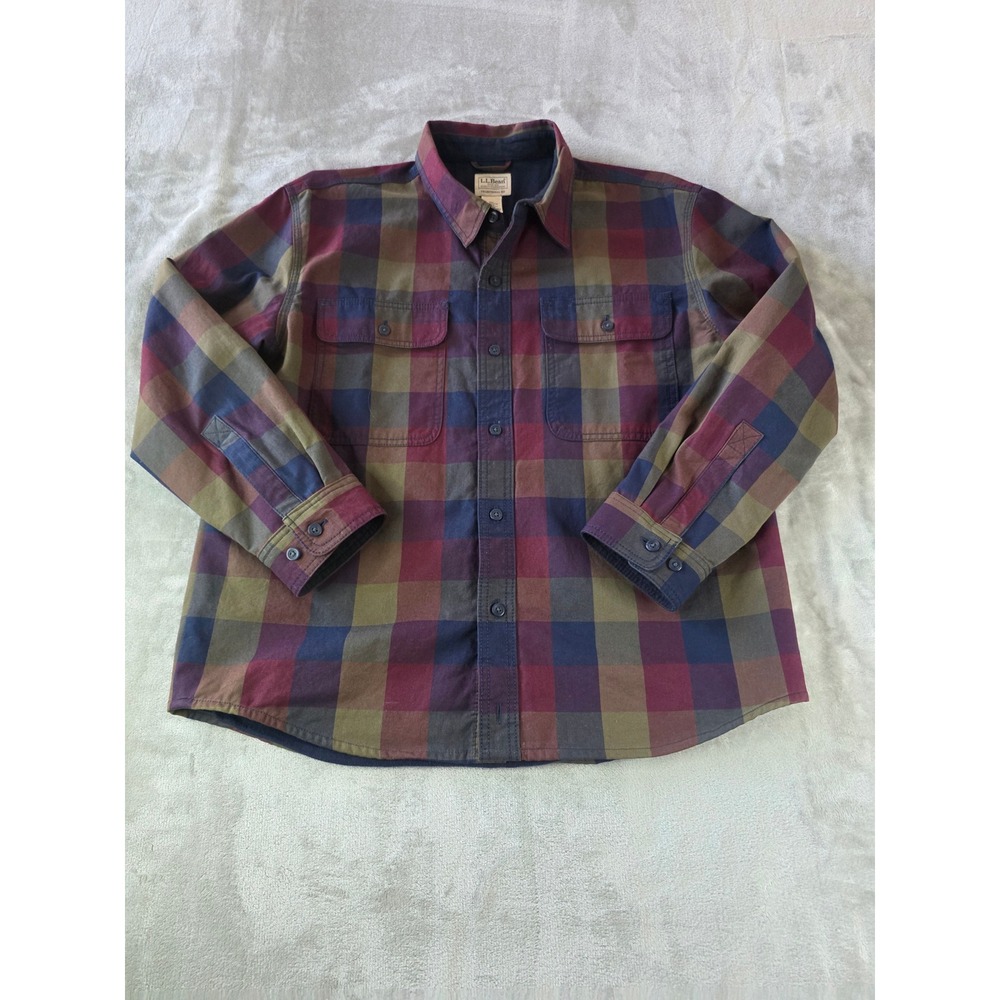 L.L. Bean Flannel Lined Shirt Jacket Mens Large Multicolor Plaid Traditional Fit